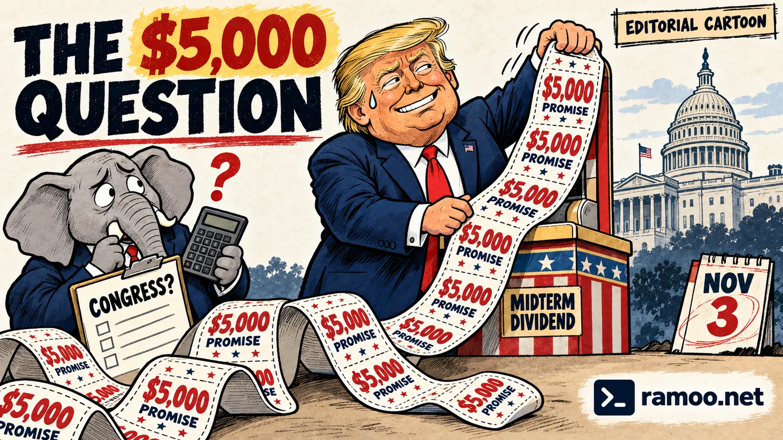 5,000달러 공약 쿠폰을 길게 뽑는 트럼프와 의회 승인 여부를 확인하는 공화당 코끼리를 그린 독자 제작 시사 카툰
